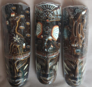 Primitive Mask Antique Wood Handicrafts Color Dark Brown with Mix Pattern, Size 30 cm High